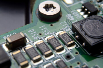 Microchips on a circuit board. Electrical, system.