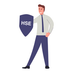 Protecting workers' rights.HSE - health safety environmen.Male office worker with a shield.Cartoon character isolated on white background vector flat illustration.
