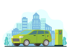 Eco car charging station.Electric refueling.Green energy.City skyline urban landscape with skyscrapers.Flat vector illustration.