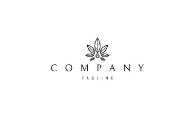 Vector logo on which an abstract image of cannabis leaves with a drop of oil from below.