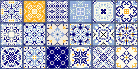 Collection of 18 ceramic tiles in turkish style. Seamless colorful patchwork from Azulejo tiles. Portuguese and Spain decor. Islam, Arabic, Indian, Ottoman motif. Vector Hand drawn background - 384606893