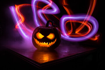 Halloween pumpkin smile and scary eyes for party night. Close up view of scary Halloween pumpkin...