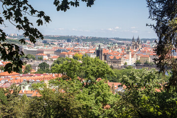 Prague old town sunny panorama view old town natural tree frame