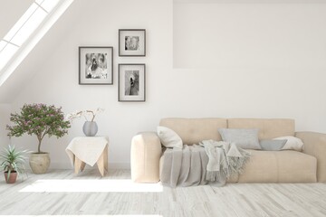 White living room with sofa. Scandinavian interior design. 3D illustration