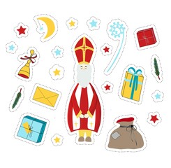 St Nicholas. Saint Nicholas Day stickers. Elements for the holiday. Gift, surprise, fir branches