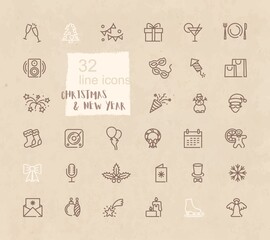 Christmas and New year symbols. Linear icons on craft paper