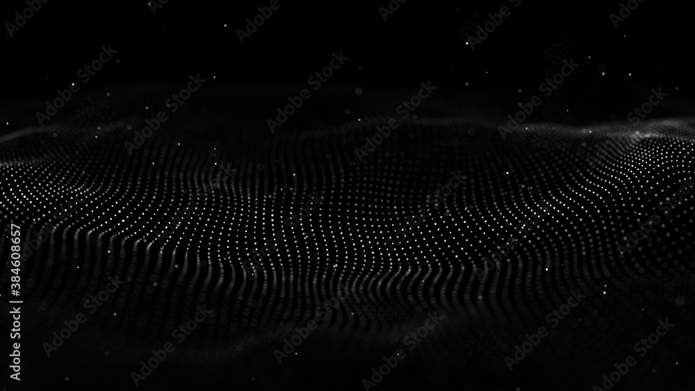 Poster wave 3d. wave of particles. abstract black geometric background. big data visualization. data techno