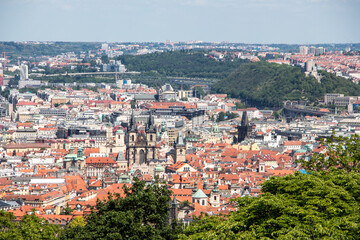 Fototapeta na wymiar Prague old town sky view church old houses panoramic view