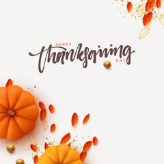 Thanksgiving day. Holiday background with realistic 3d orange pumpkins, fall foliage. Flat top view. Gift card, Festive poster, web banner, brochure, cover, flyer. Vector illustration