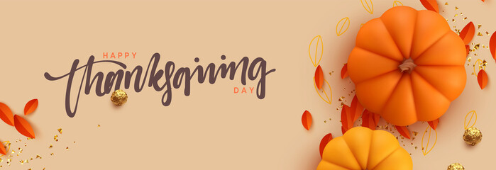 Thanksgiving day banner. Festive background with realistic 3d orange pumpkins, fall foliage. Horizontal holiday poster, header for website. Flat top view. Vector illustration