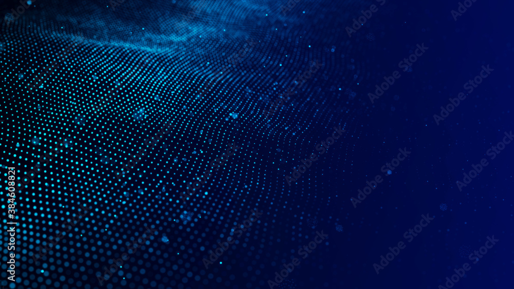 Poster wave 3d. wave of particles. abstract blue geometric background. big data visualization. data technol