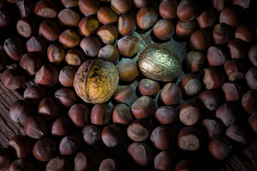 Still life with Walnut kernels and whole walnuts on rustic old wooden table. Creative table decoration.