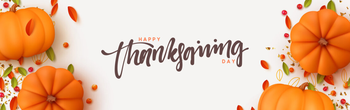 Thanksgiving day banner. Festive background with realistic 3d orange pumpkins, fall foliage. Horizontal holiday poster, header for website. Flat top view. Vector illustration