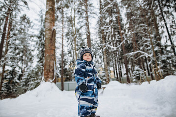Little cute caucasian boy wearing winter overall and hat in winter countryside. big covered with snow trees on background. Image with selective focus