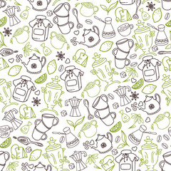 Vector green and brown doodle tea and coffee seamless pattern for  coffee shop or bakery