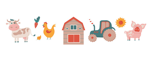 Collection of vector stock illustration of farm animals and equipment. Vector cow pig barn tractor and hen.   © Anastasia