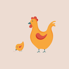Bright yellow vector illustration of chicken and hen. Farm animal.  