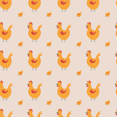 Seamless vector chicken and hen pattern. Repeat background with yellow chickens  
