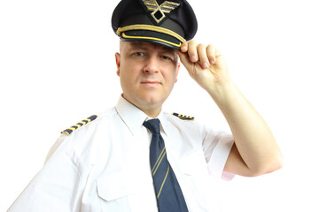 Airplane captain pilot in uniform isolated on white