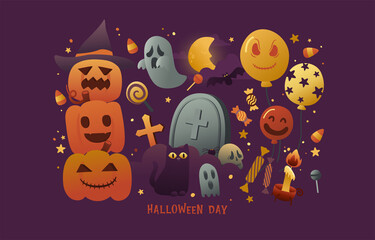Halloween Day Cartoon Set Decoration Items Pumpkin, Ballon, Headstone, Moon, Ghost and Candy, Vector, Illustration