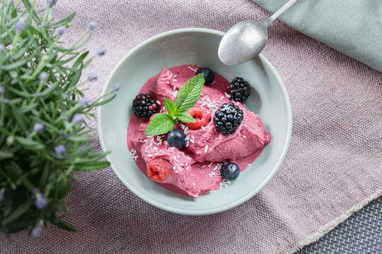 Bowl with berry ice cream. Top view.
