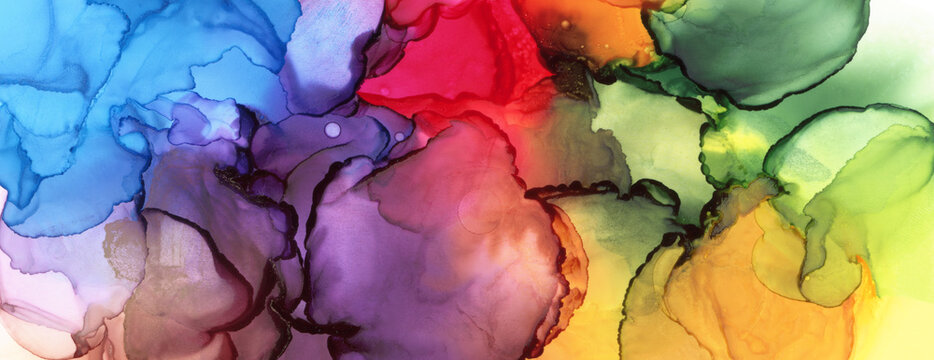 Abstract Bubble Blot Watercolor Rainbow Color Paintting Background. Marble Alcohol Ink.