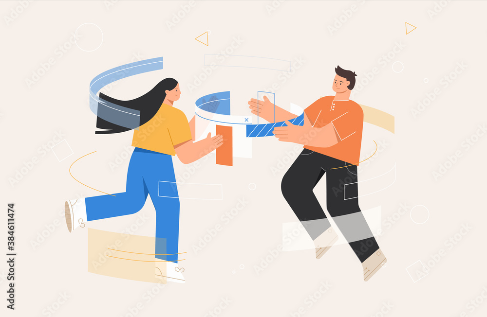 Wall mural workflow management business concept illustrations. team man and woman programmer or designer workin
