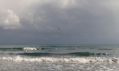 plane over the raging sea