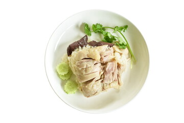 steamed rice topping boiled chicken won plate in white background