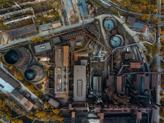 Metallurgical plant, drone top view, directly above