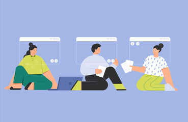 Vector trendy illustration a group of people friends meeting online video conference call. Online education platform,language tutoring, video call, educational webinar. Flat style vector illustration.