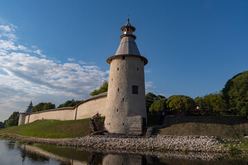 Wall and High tower in Pskov Krom (Kremlin), Russia