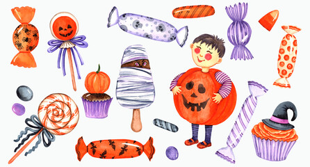 Halloween candies cartoon set. Kids halloween party.  Cute pumpkin Trick or treat. Hand drawn watercolor illustration. 