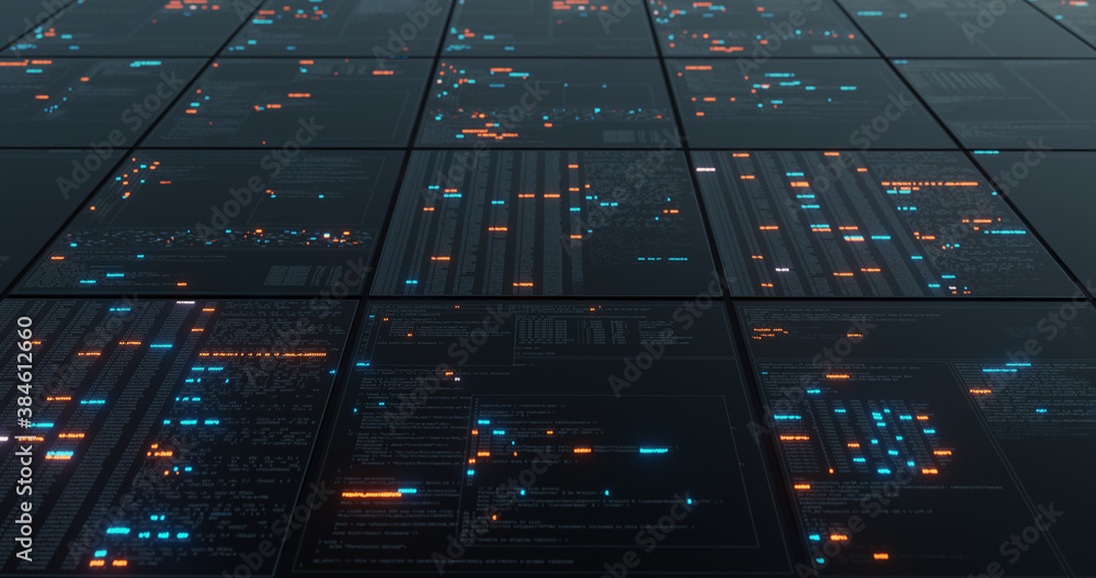 Poster futuristic hi-tech user interface multi display with digital code and data infographic, telemetry in