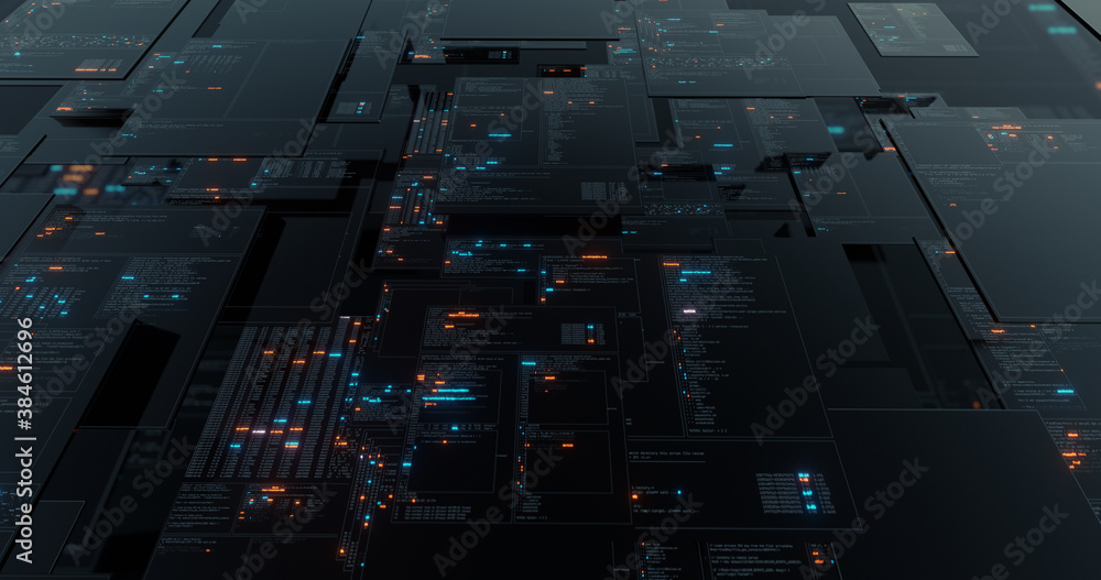 Fototapete programming code abstract technology background. motion graphic 4k seamless loop of flying into digi