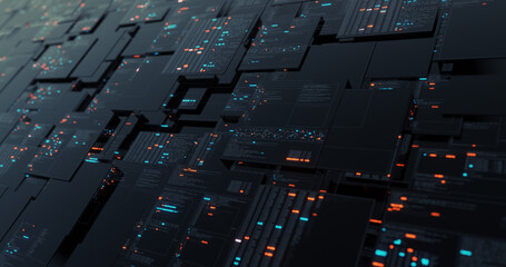 graphic of digital interface of data analysis process. User Interface, Digital screen, HUD and datacenter laboratory research display. 3D render © Quardia Inc.