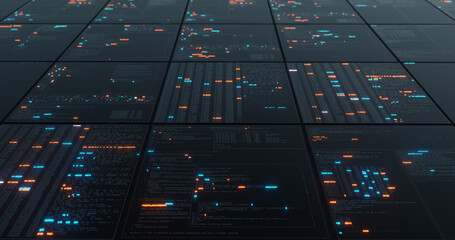 Futuristic hi-tech user interface multi display with digital code and data infographic, telemetry information graphic. 3D render © Quardia Inc.