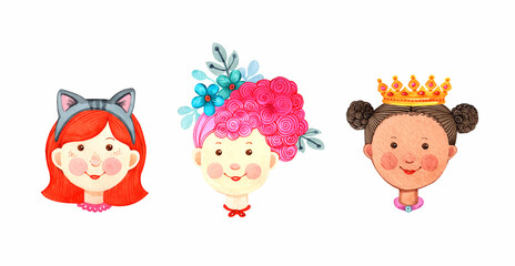 Watercolor cute girl face. Cartoon princess, pink flowers, candy. Hand drawn cartoon character. Kids party card, template, background, illustration