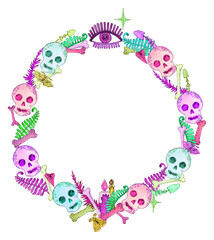 Halloween neon colors wreath. Spooky watercolor halloween round border, frame. Hand drawn creepy ghost, pumpkin, bat, skull. Halloween party invitation, card, poster, banner, template