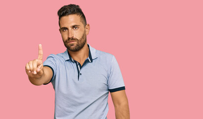 Handsome man with beard wearing casual clothes pointing with finger up and angry expression, showing no gesture