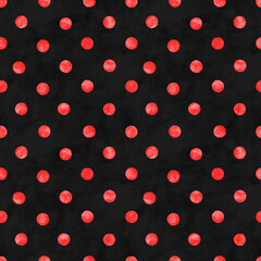 Polka dot watercolor seamless pattern. Abstract watercolour red color circles on black background