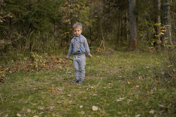 Cute little Caucasian boy walking in the forest and holding a stick and a stem of reed