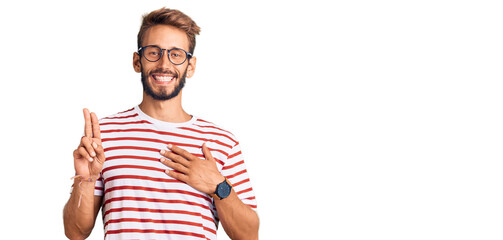 Handsome blond man with beard wearing casual clothes and glasses smiling swearing with hand on...