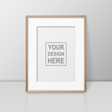 Vector 3d Realistic A4 Brown Wooden Simple Modern Frame on a Glossy White Shelf or Table with Reflection Against a White Wall. It can be used for presentations. Design Template for Mockup, Front View