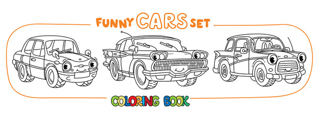 Obraz premium Funny small retro cars with eyes coloring book set