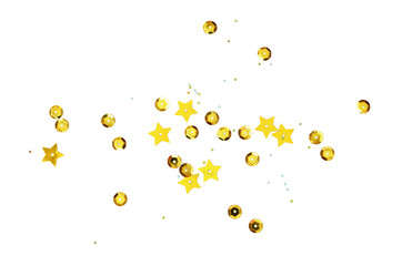 Scattered golden seqines and stars isolated on white