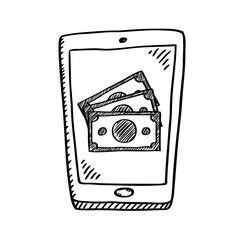 Cartoon style black and white doodle of mobile phone with pile of money on screen. Black and white vector illustration.