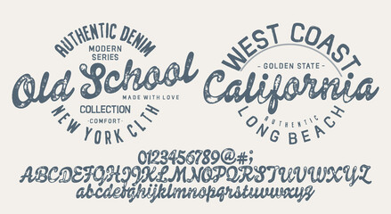 Fototapeta premium Vector illustration on a theme of American jeans, denim and raw. Vintage design. Typography, t-shirt graphics, print, poster, banner, flyer, postcard.