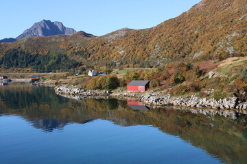 Panoramic shot on Lofoten Islands on a very beautiful and clear day in fall