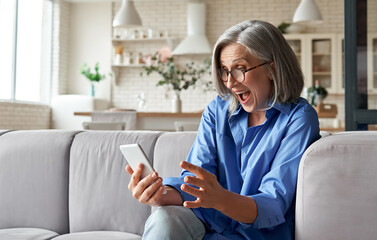 Amazed happy mature older 60s woman, excited customer holding smartphone using mobile app feeling great positive surprise reaction receiving gift reading sms on cell phone sitting on couch at home. - obrazy, fototapety, plakaty